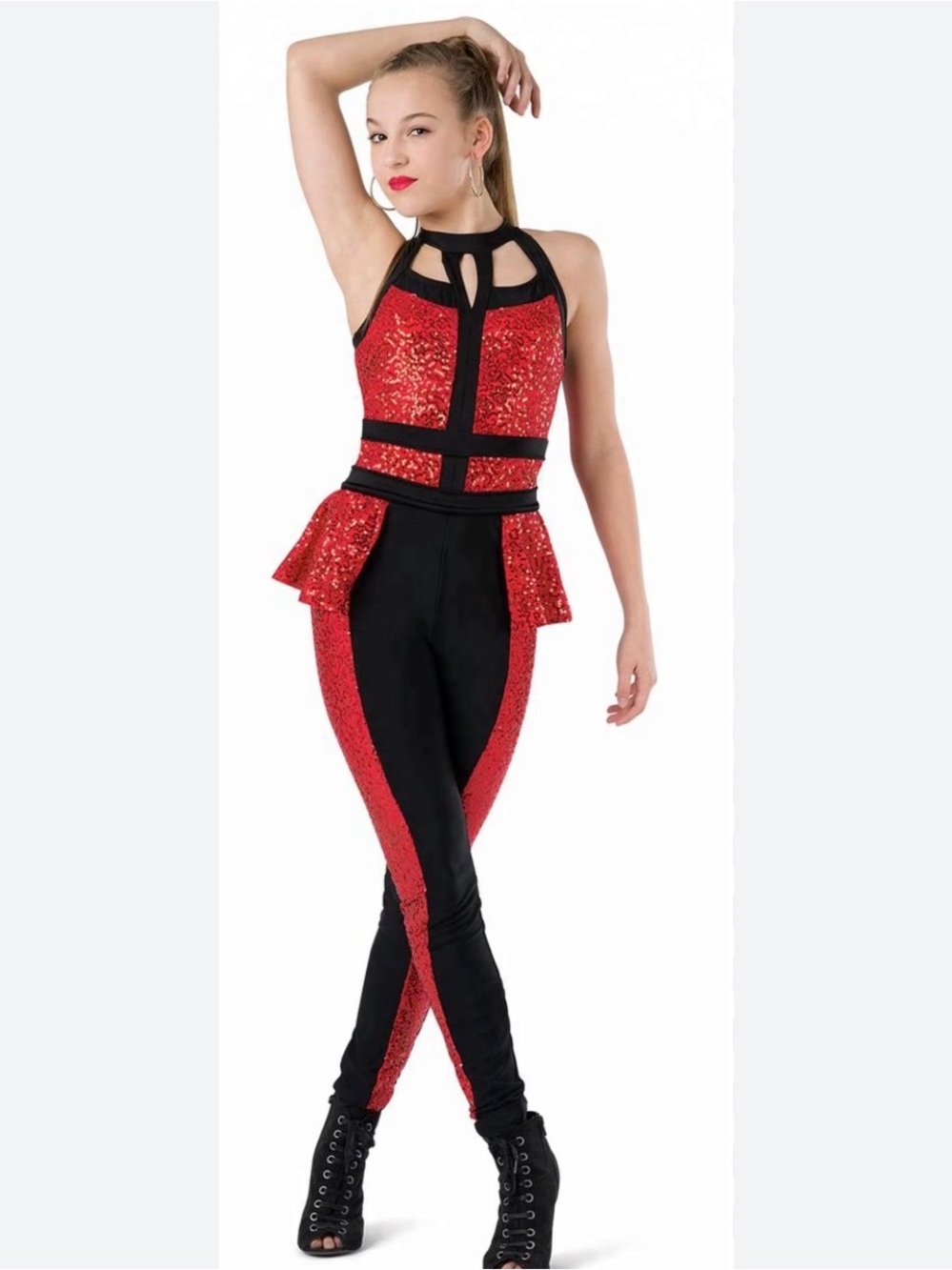 Costume Gallery "Keeping Secrets" Red & Black Sequin Dance Unitard Youth Size LC
